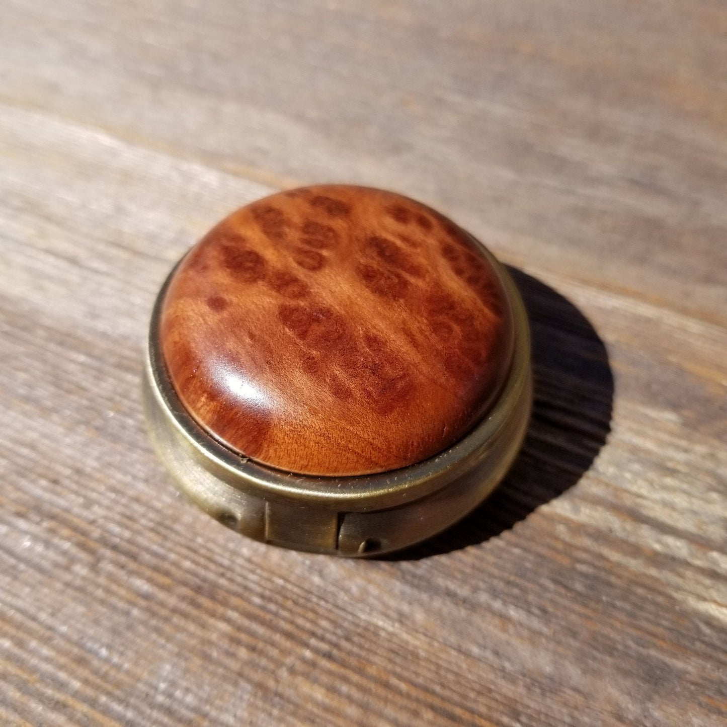 Redwood Pill Box 3 Sections Handmade Top California Burl Souvenir Memento Mothers Day Gift Antique Bronze #409