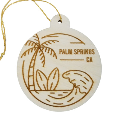 Palm Springs California Ornament Handmade Wood Ornament Souvenir CA Ocean Beach Waves Palm Trees Surfboards Travel Gift Made in USA