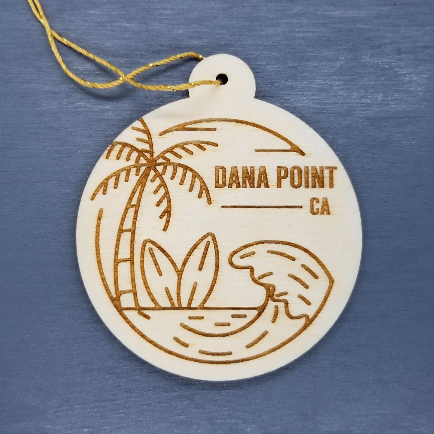 Dana Point California Ornament Handmade Wood Ornament Souvenir CA Ocean Beach Waves Palm Trees Surfboards Travel Gift Made in USA