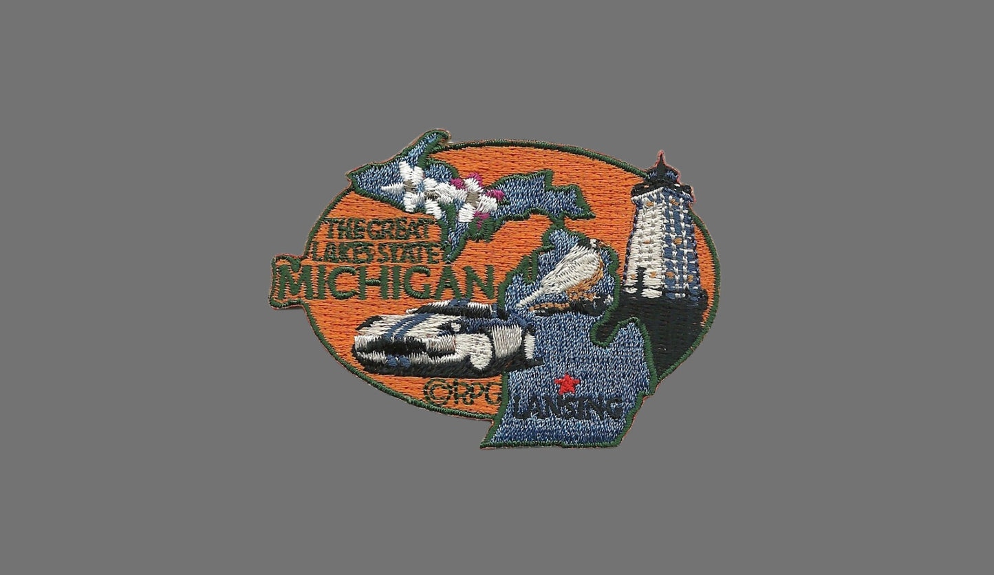 Michigan Patch – MI State Travel Patch Souvenir Applique 3" The Great Lakes State Lansing Iron on Robin Apple Blossoms Lighthouse