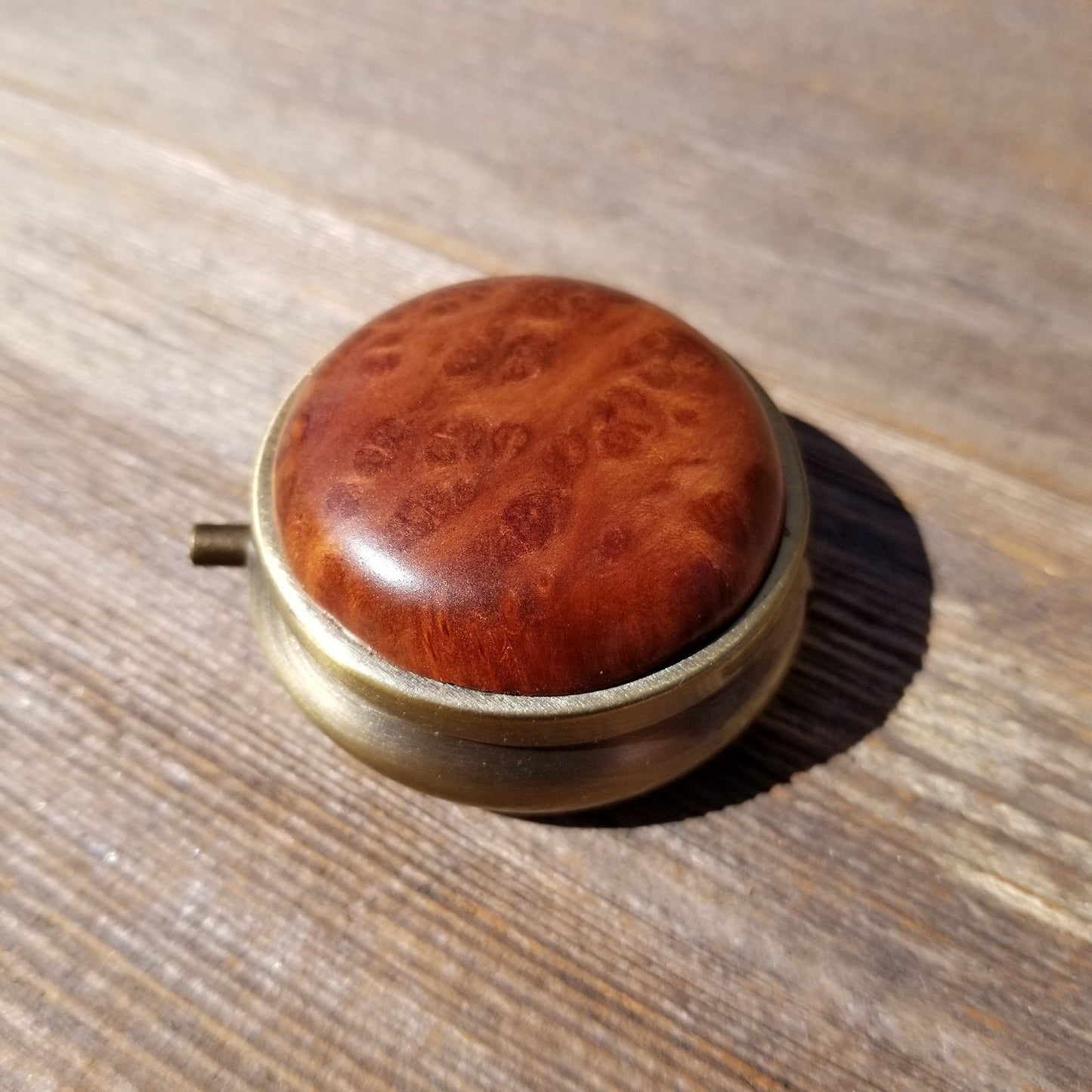 Redwood Pill Box 3 Sections Handmade Top California Burl Souvenir Memento Mothers Day Gift Antique Bronze #409