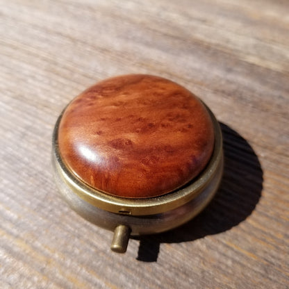 California Burl  Handmade Pill Box 3 Sections Redwood Top Souvenir Memento Rustic Antique Bronze #419