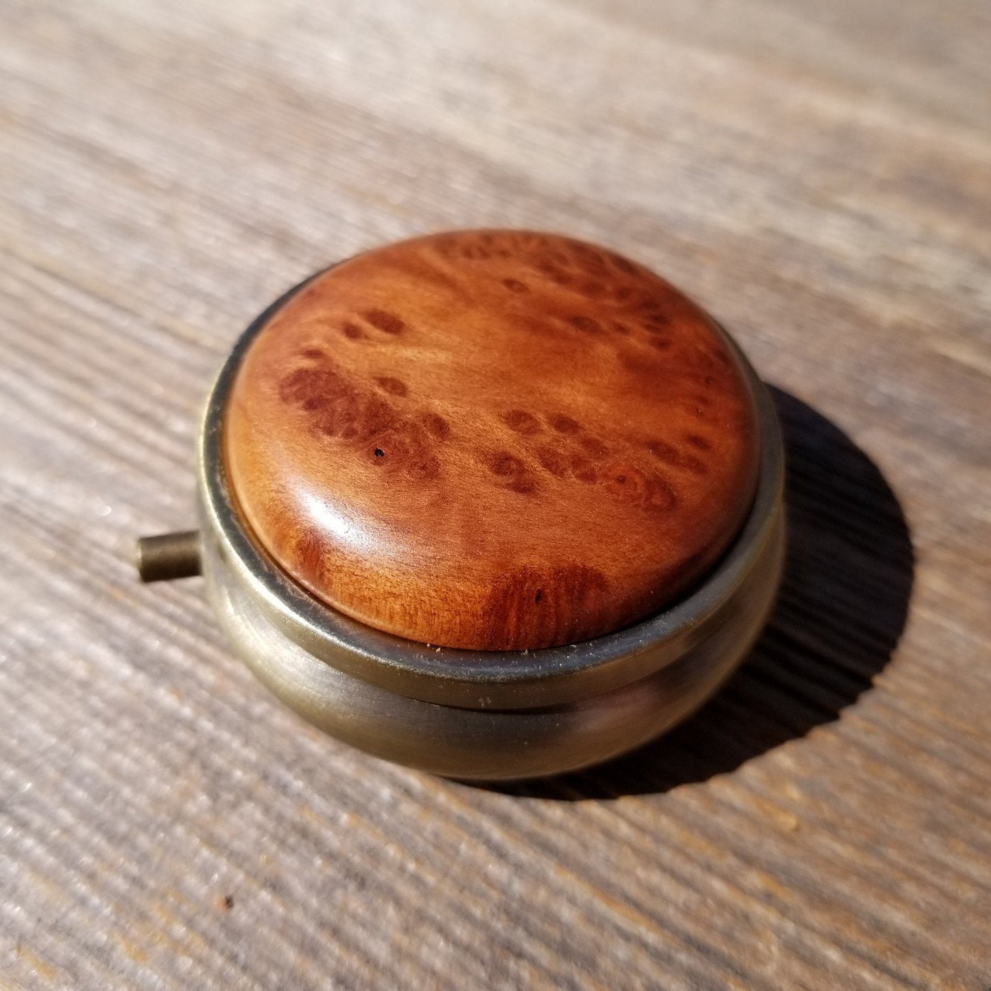 Pill Box 3 Sections Handmade Redwood Top California Burl Souvenir Memento One of a Kind Gift Antique Bronze #414