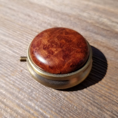 Handmade Pill Box 3 Sections Redwood Top California Burl Souvenir Memento Rustic Antique Bronze #418