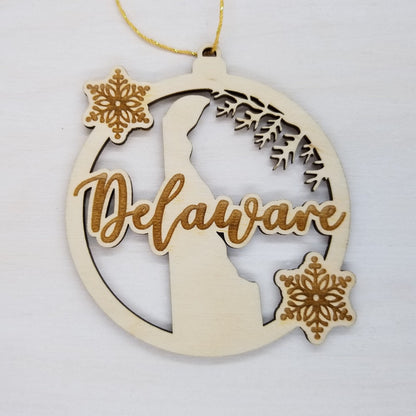 Delaware Wood Ornament -  DE State Shape with Snowflakes Cutout - Handmade Wood Ornament Made in USA Christmas Decor