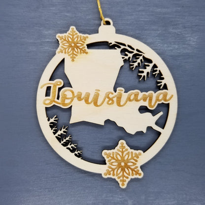 Louisiana Wood Ornament -  LA State Shape with Snowflakes Cutout - Handmade Wood Ornament Made in USA Christmas Decor