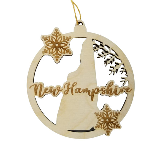 New Hampshire Wood Ornament -  NH State Shape with Snowflakes Cutout - Handmade Wood Ornament Made in USA Christmas Decor