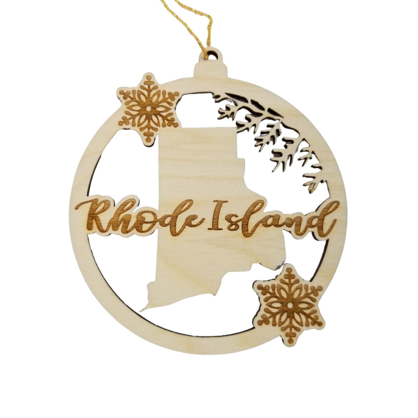 Rhode Island Wood Ornament -  State Shape with Snowflakes Cutout RI - Handmade Wood Ornament Made in USA Christmas Decor