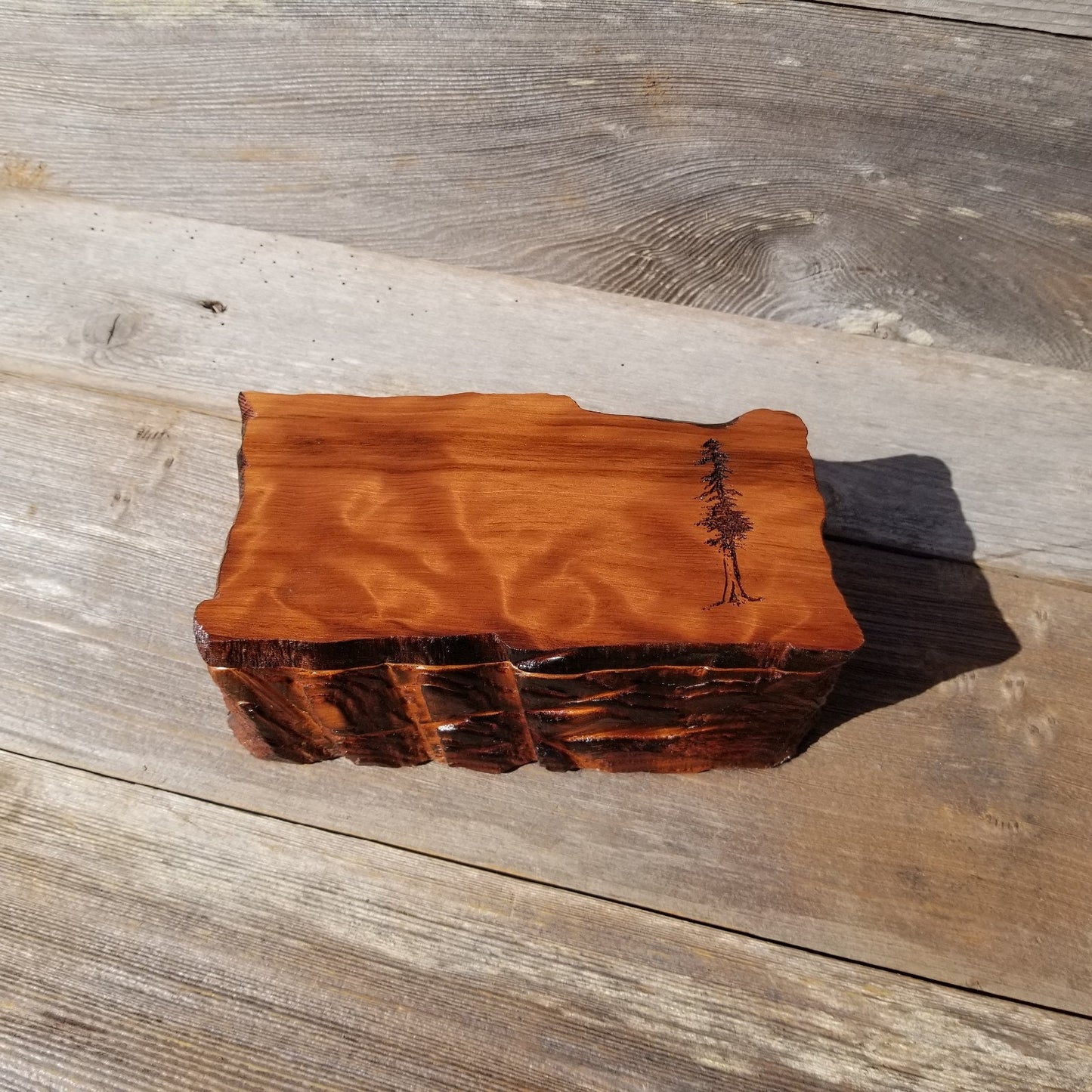 Handmade Wood Box with Redwood Tree Engraved Rustic Handmade Curly Wood #444 California Redwood Jewelry Box Storage Box