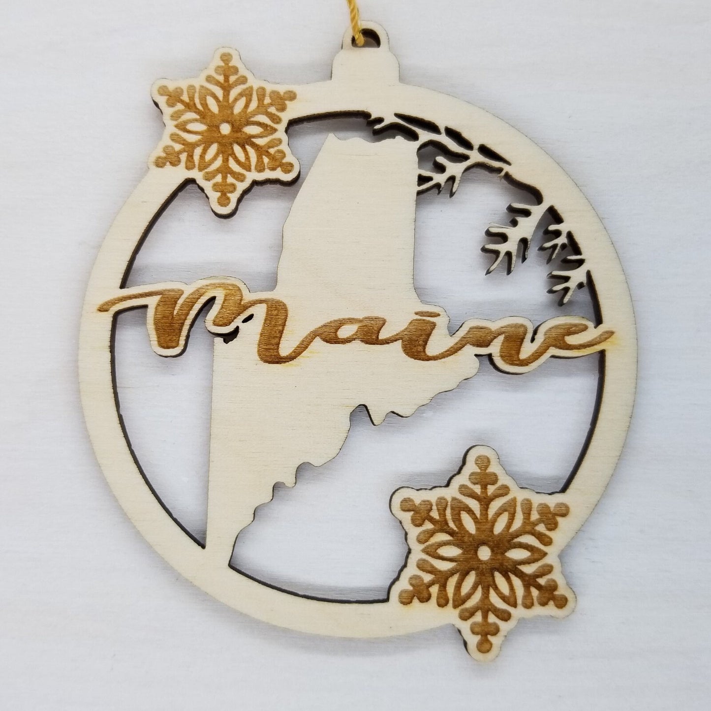 Maine Wood Ornament -  State Shape with Snowflakes Cutout ME - Handmade Wood Ornament Made in USA Christmas Decor