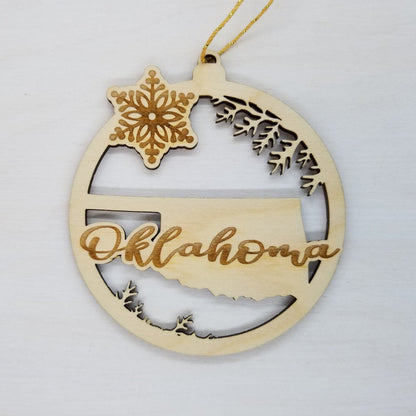 Oklahoma Wood Ornament -  State Shape with Snowflakes OK Cutout - Handmade Wood Ornament Made in USA Christmas Decor