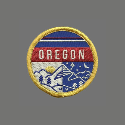 Oregon Patch – OR State Travel Patch Souvenir Applique 2.25" Iron On Mountains Trees Night Day Scene Red Blue Yellow Circle