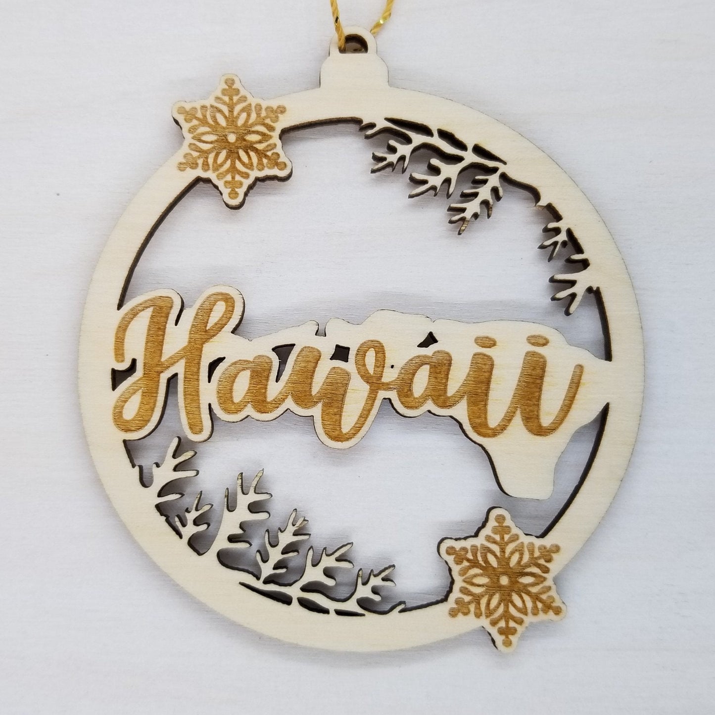 Hawaii Wood Ornament - HI State Shape with Snowflakes Cutout - Handmade Wood Ornament Made in USA Christmas Decor