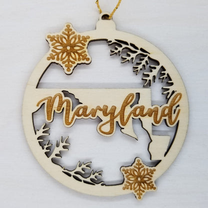 Maryland Wood Ornament -  State Shape with Snowflakes Cutout MD - Handmade Wood Ornament Made in USA Christmas Decor