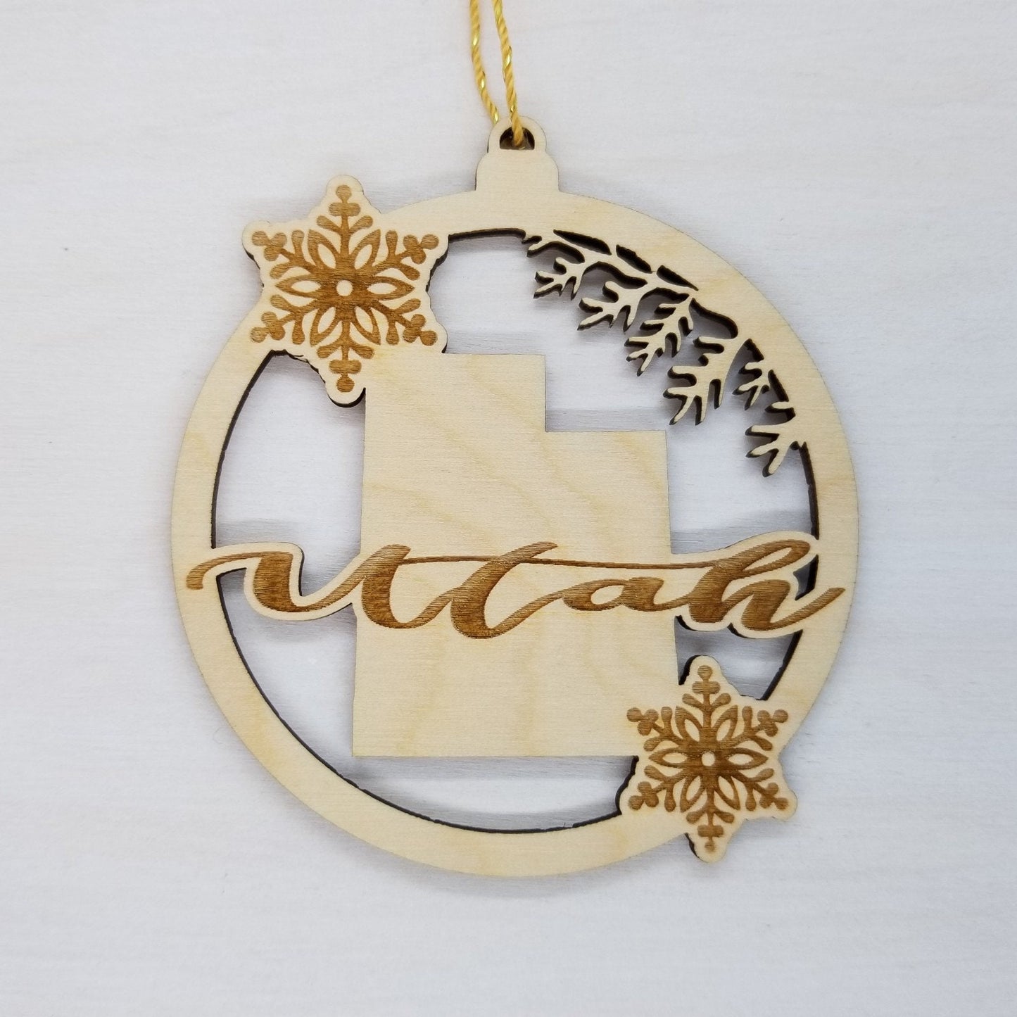 Utah Wood Ornament -  State Shape with Snowflakes UT Cutout - Handmade Wood Ornament Made in USA Christmas Decor