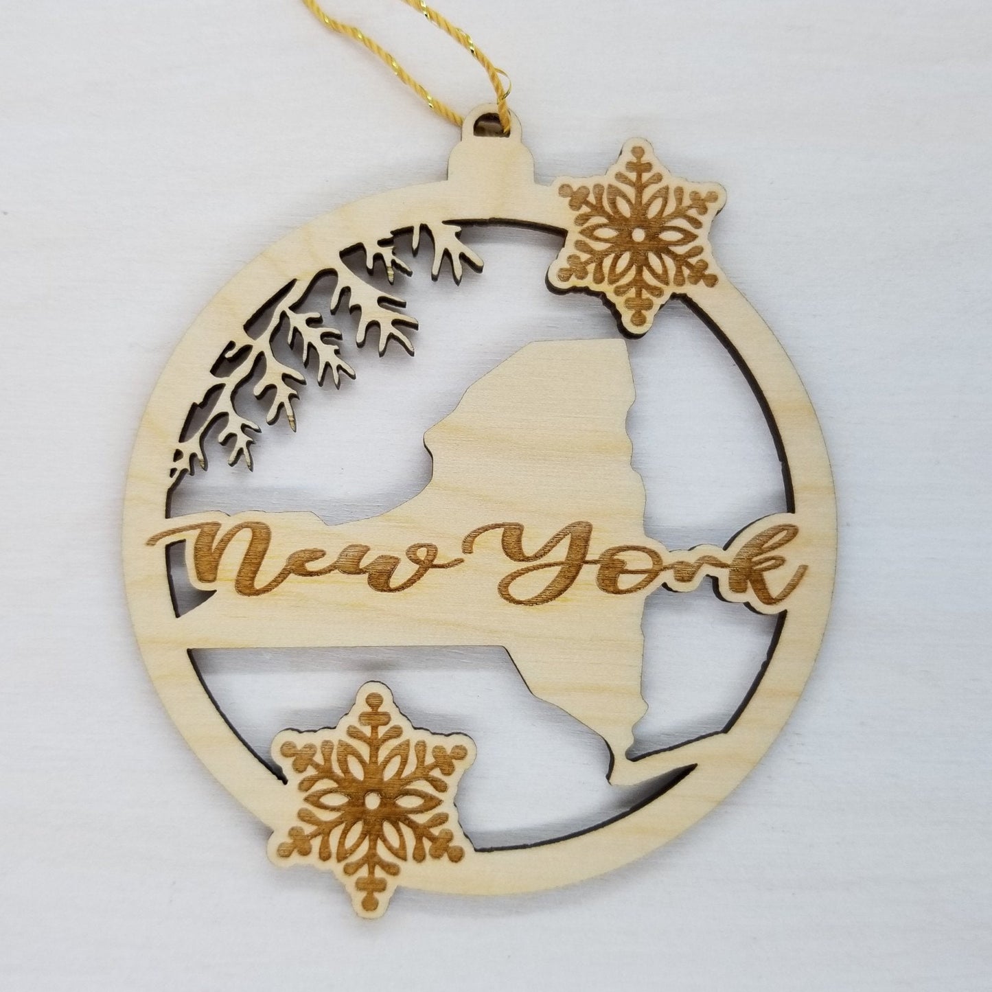 New York Wood Ornament - NY State Shape with Snowflakes Cutout - Handmade Wood Ornament Made in USA Christmas Decor