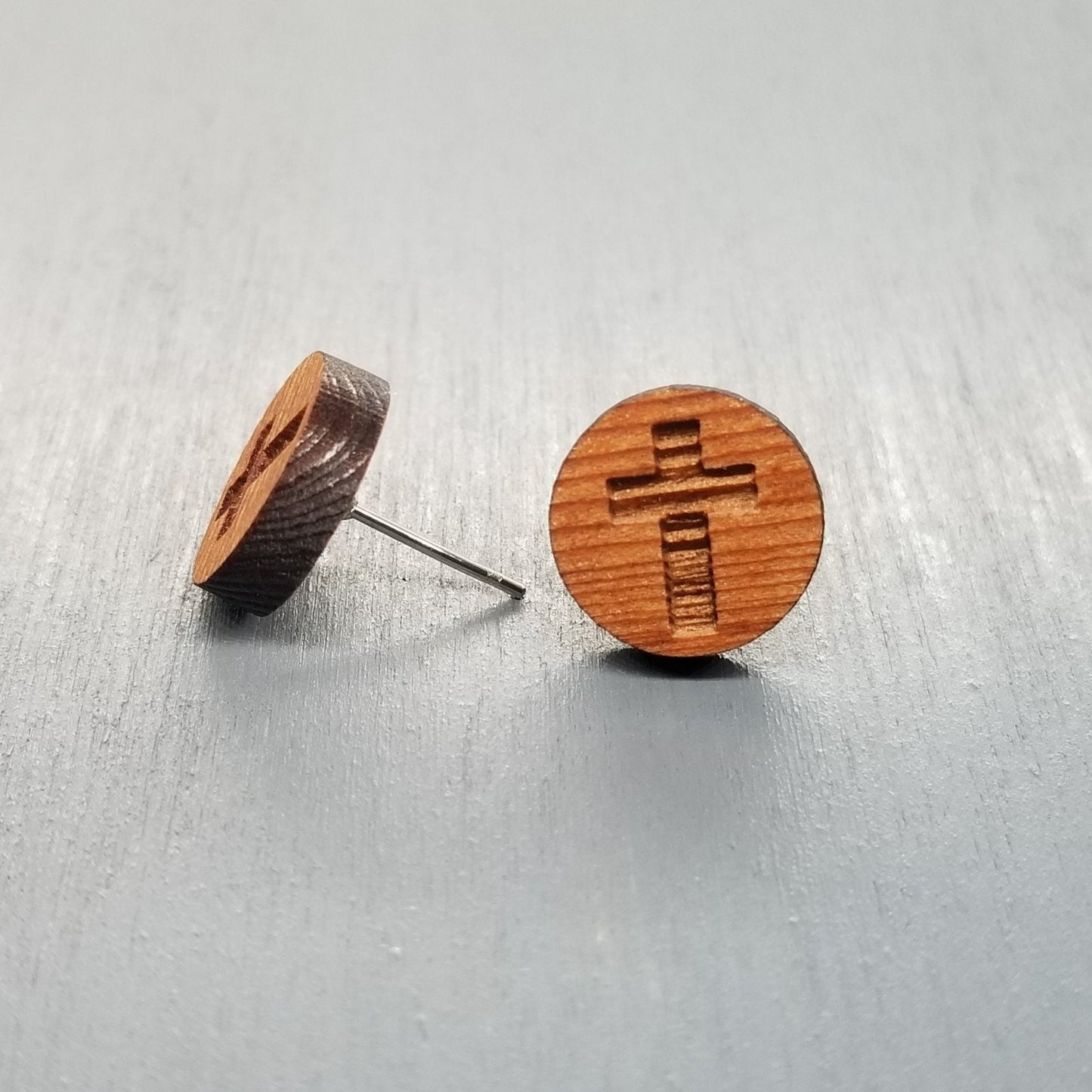 Cross Earrings - Wood Earrings - California Redwood Stud Earrings - Circle Post Earrings - Cross Gift