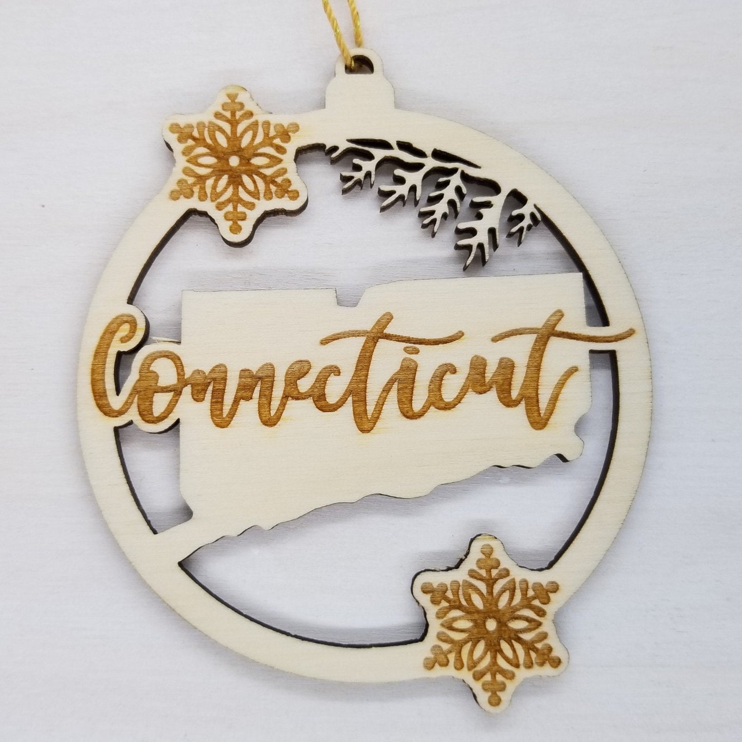 Connecticut Wood Ornament - CT State Shape with Snowflakes Cutout - Handmade Wood Ornament Made in USA Christmas Decor