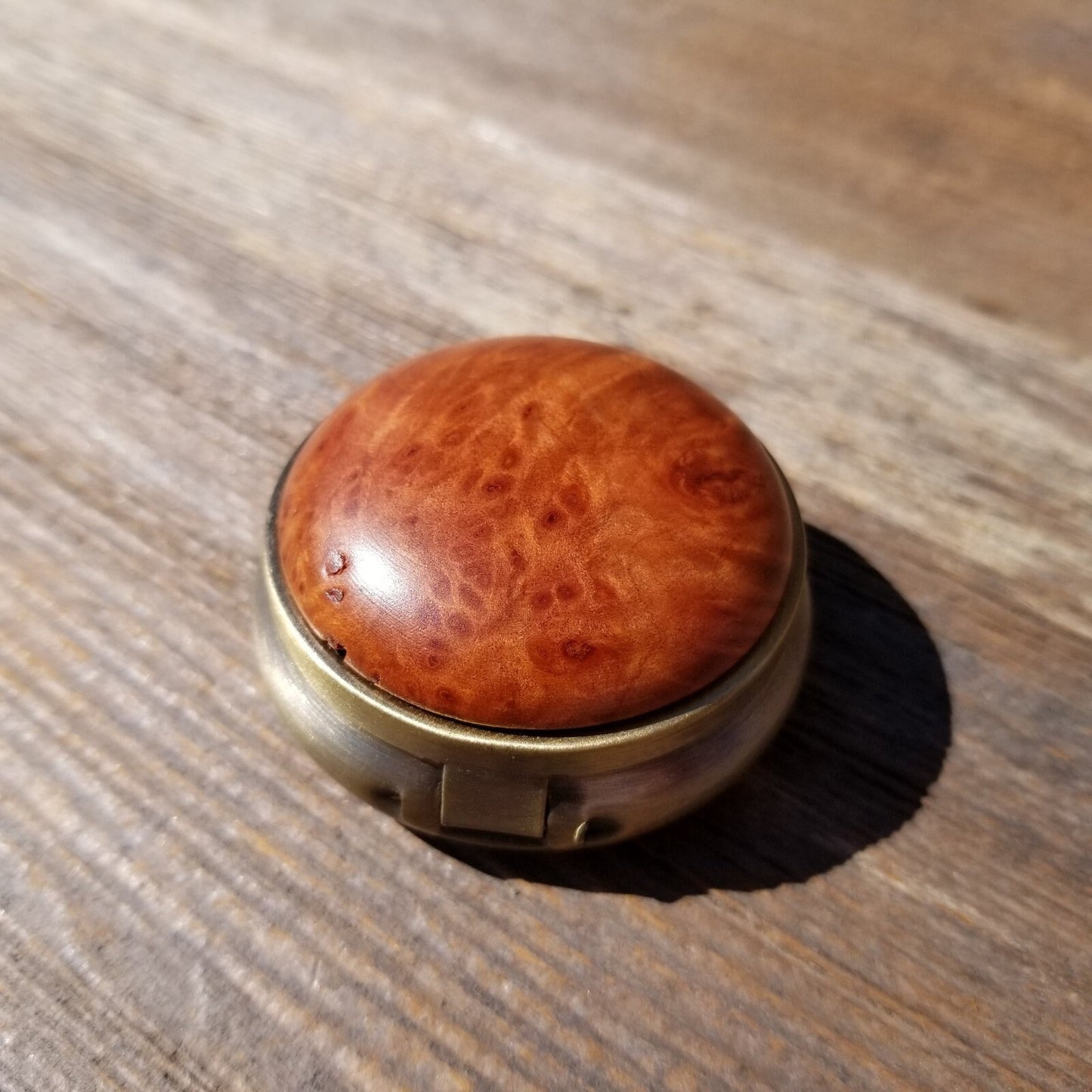 California Burl  Handmade Pill Box 3 Sections Redwood Top #417 Souvenir Memento Rustic Antique Bronze