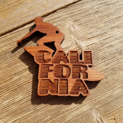 California Surfer Surfing Christmas Ornament Handmade Wood Ornament Made in USA Laser Cut Cutout Shape CA Surfboard Souvenir