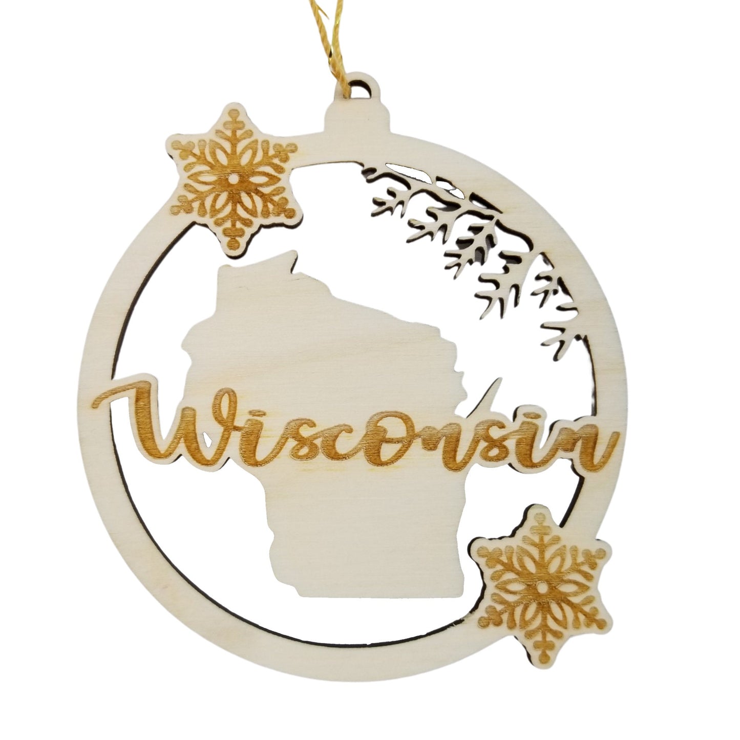 Wholesale Wisconsin Wood Ornament - WI State Shape with Snowflakes Cutout Souvenir