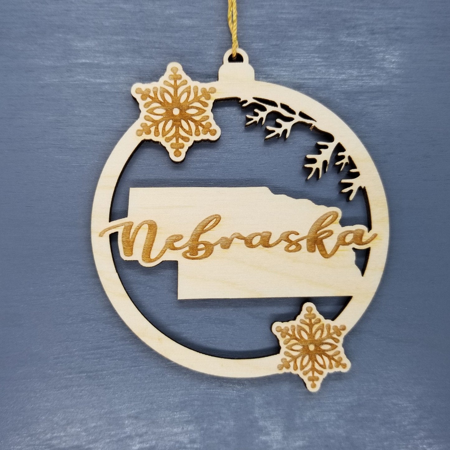 Nebraska Wood Ornament -  State Shape with Snowflakes Cutout NE- Handmade Wood Ornament Made in USA Christmas Decor