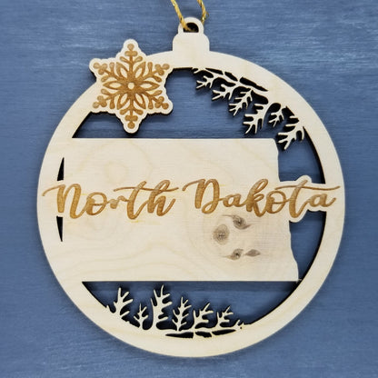 North Dakota Wood Ornament -  ND State Shape with Snowflakes Cutout - Handmade Wood Ornament Made in USA Christmas Decor