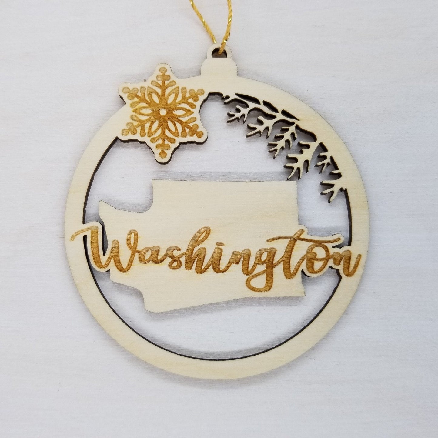 Washington Wood Ornament -  WA State Shape with Snowflakes Cutout - Handmade Made in USA Christmas Decor