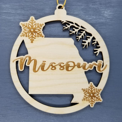 Missouri Wood Ornament -  MO State Shape with Snowflakes Cutout - Handmade Wood Ornament Made in USA Christmas Decor