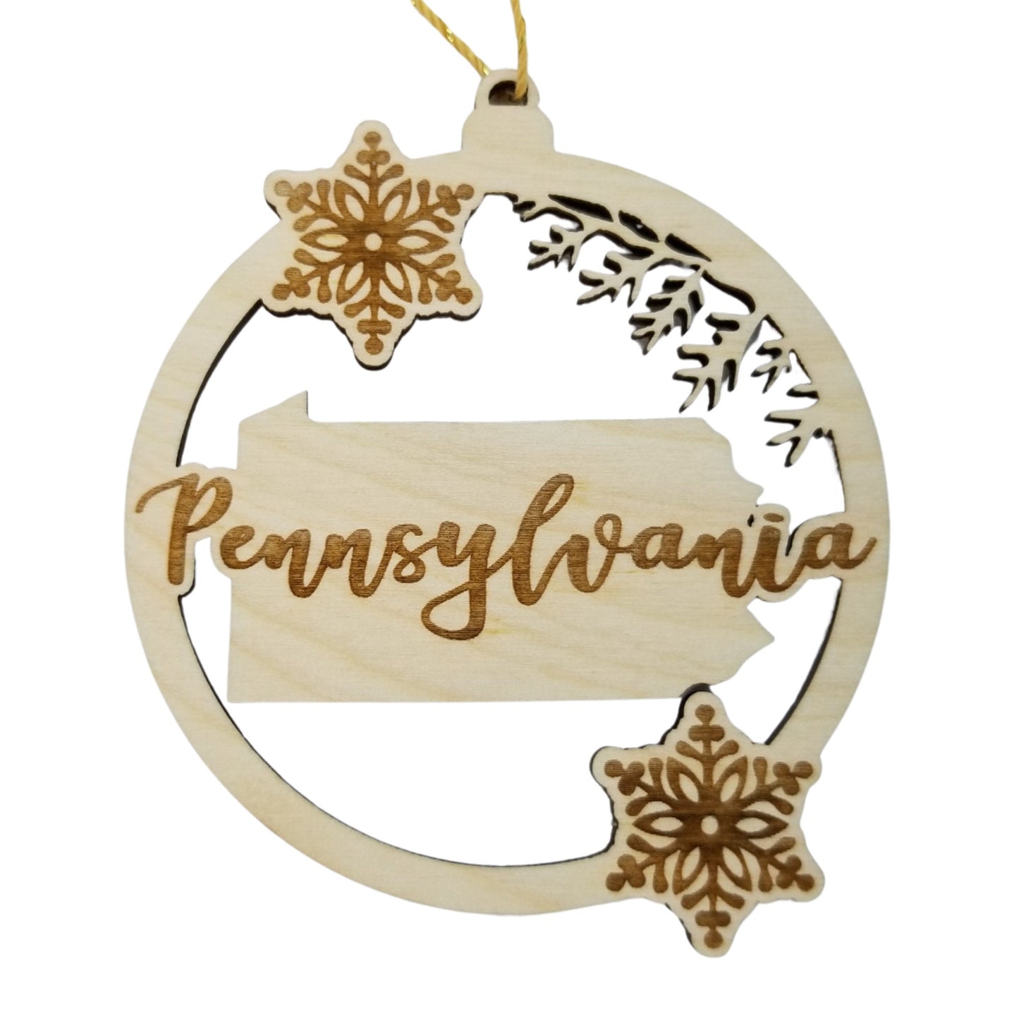 Pennsylvania Wood Ornament -  PA State Shape with Snowflakes Cutout - Handmade Wood Ornament Made in USA Christmas Decor