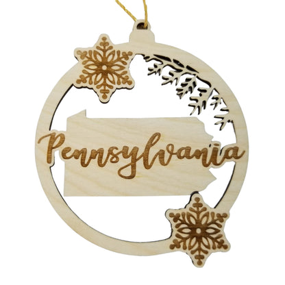 Pennsylvania Wood Ornament -  PA State Shape with Snowflakes Cutout - Handmade Wood Ornament Made in USA Christmas Decor