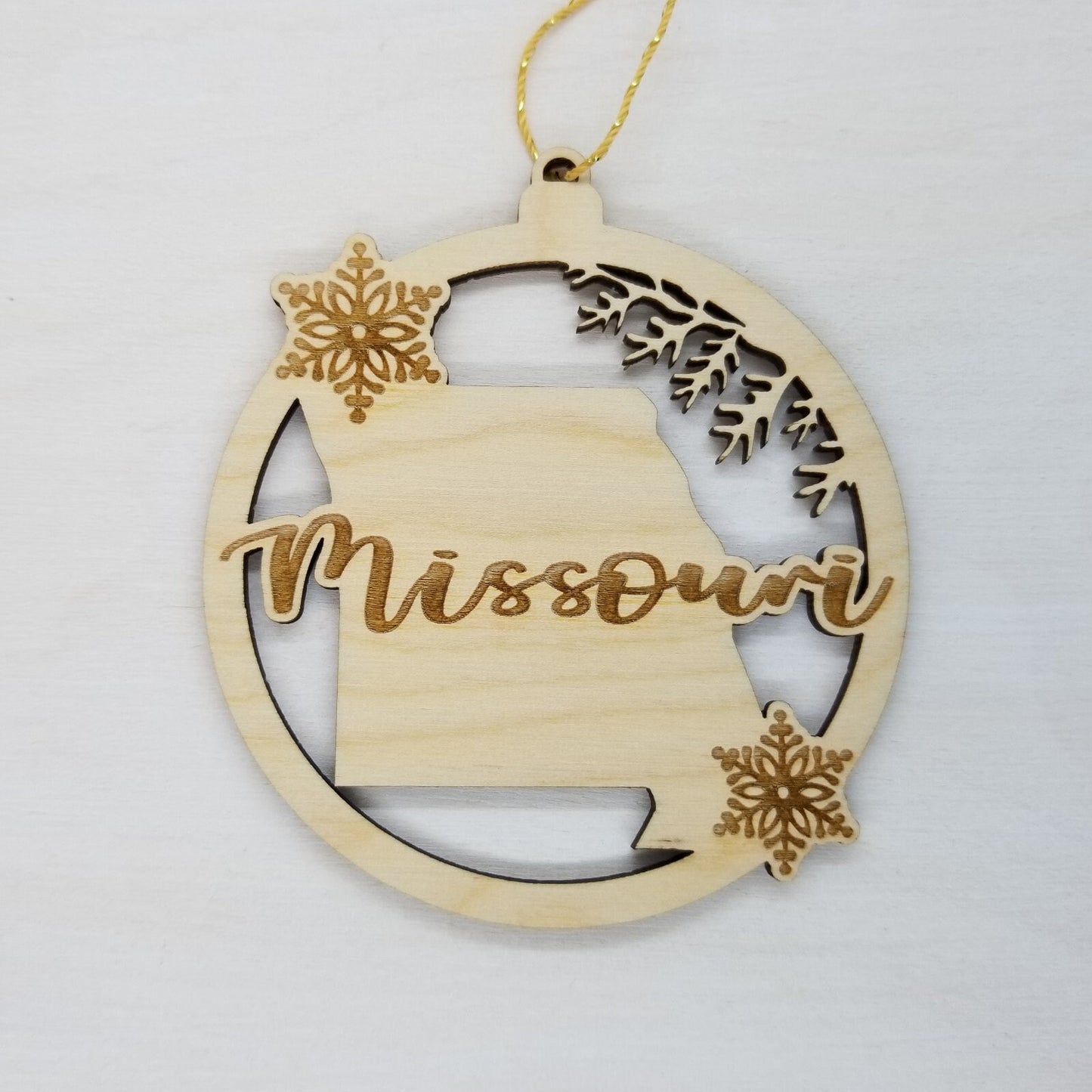 Missouri Wood Ornament -  MO State Shape with Snowflakes Cutout - Handmade Wood Ornament Made in USA Christmas Decor