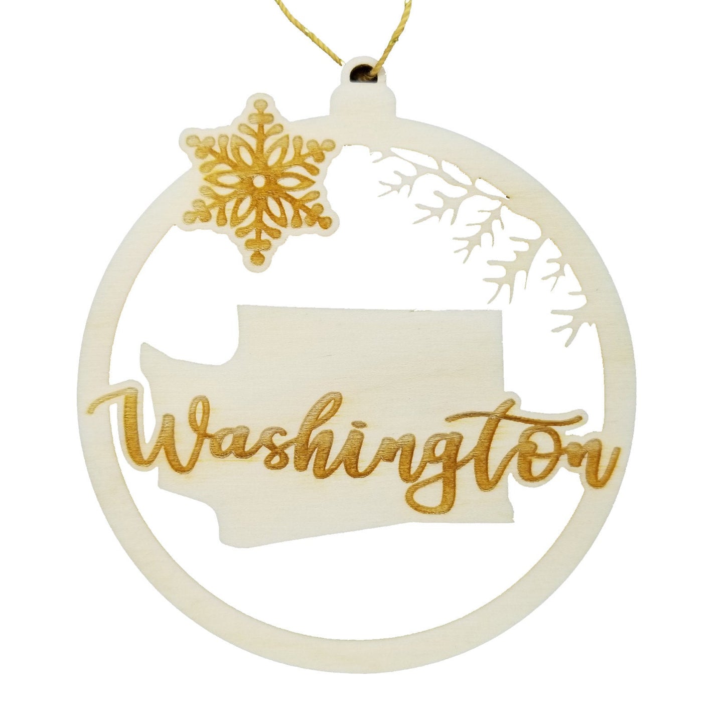 Washington Wood Ornament -  WA State Shape with Snowflakes Cutout - Handmade Made in USA Christmas Decor