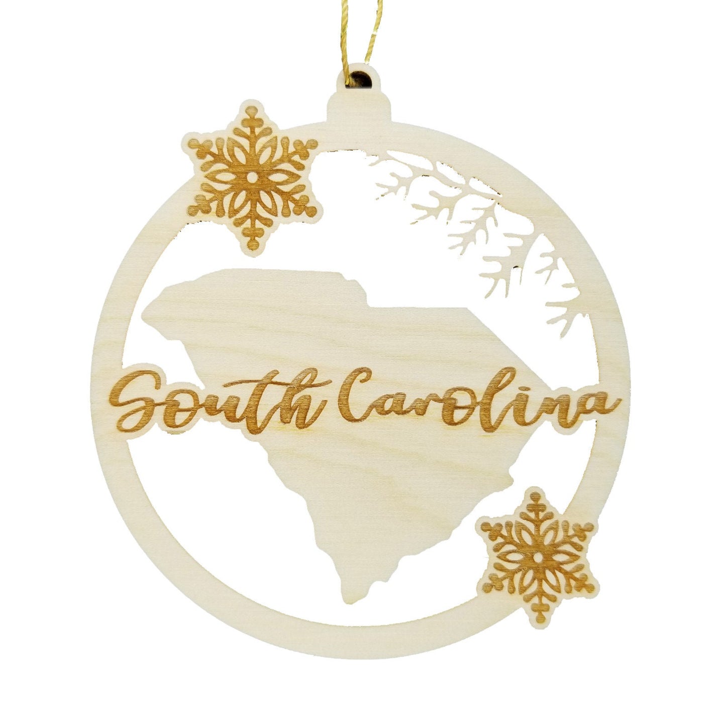 South Carolina Ornament - State Shape with Snowflakes Cutout SC - Handmade Wood Ornament Made in USA Christmas Decor