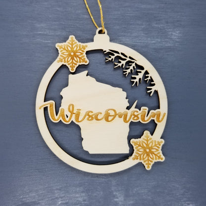 Wholesale Wisconsin Wood Ornament - WI State Shape with Snowflakes Cutout Souvenir