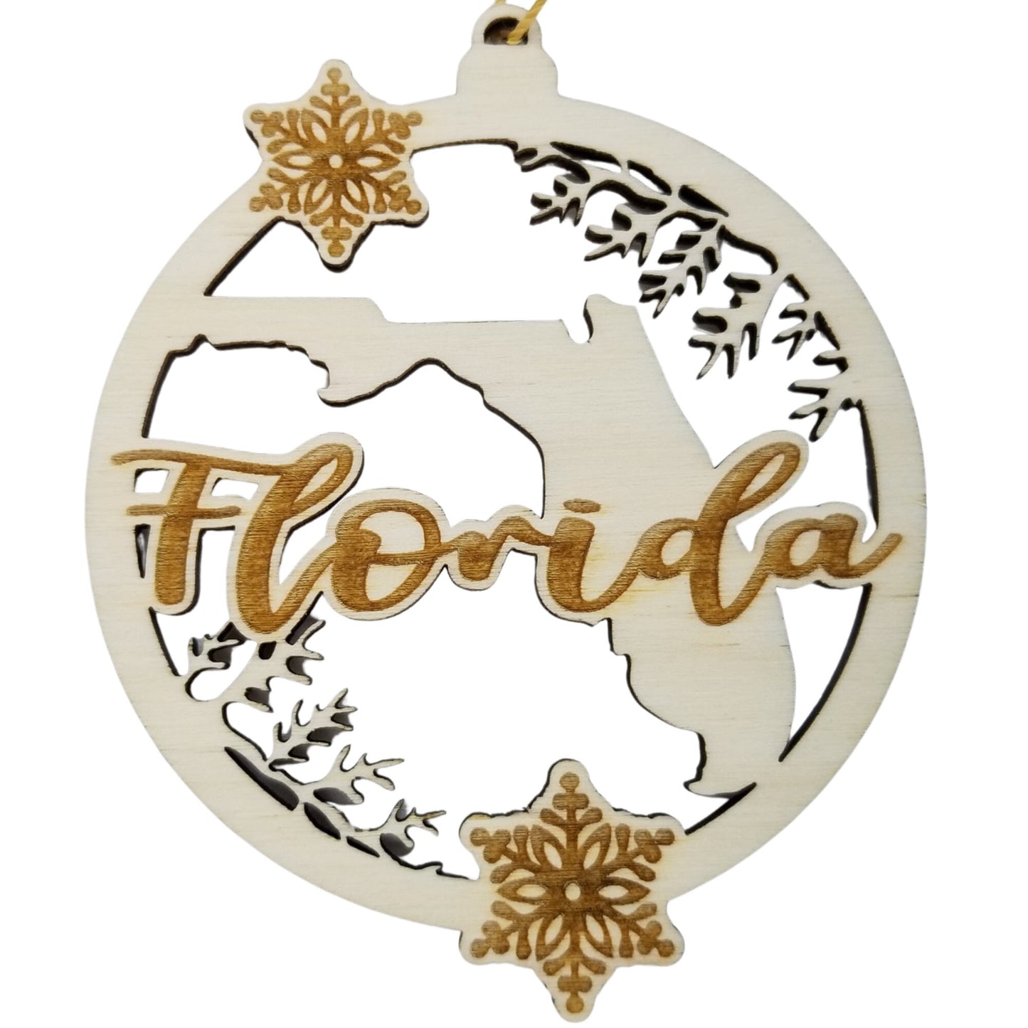 Florida Wood Ornament -  FL State Shape with Snowflakes Cutout - Handmade Wood Ornament Made in USA Christmas Decor