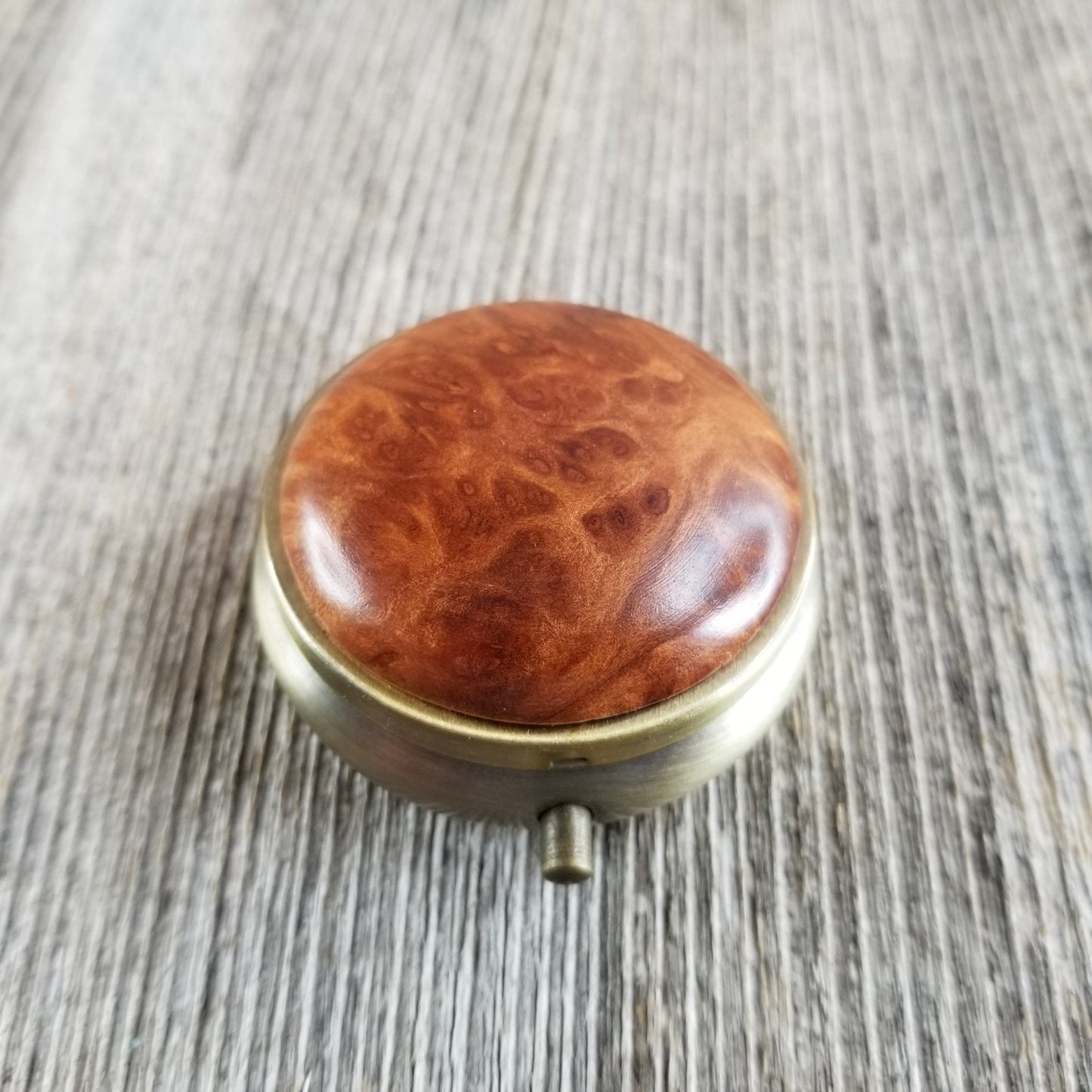 Wood Pill Box 3 Sections Handmade Top California Redwood Burl #288