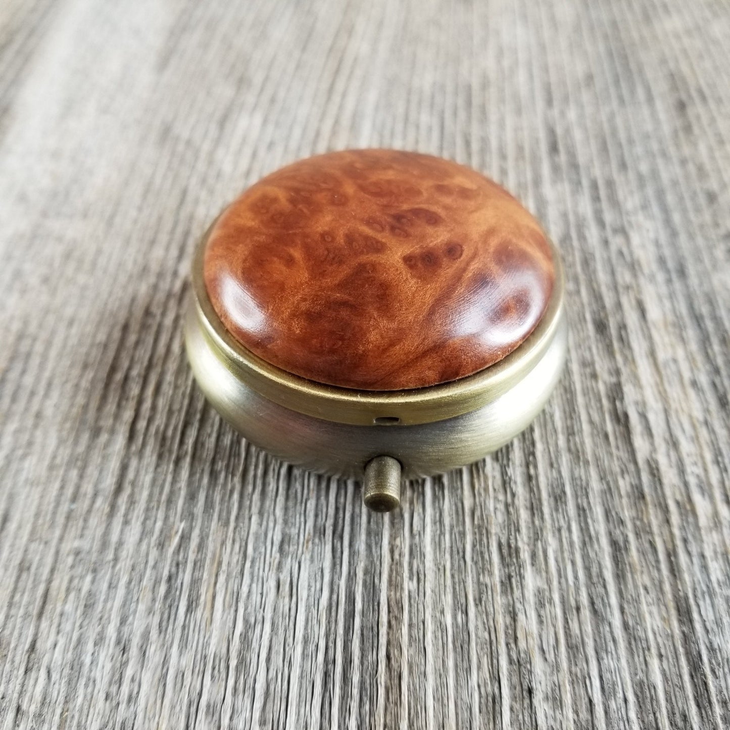 Wood Pill Box 3 Sections Handmade Top California Redwood Burl #288