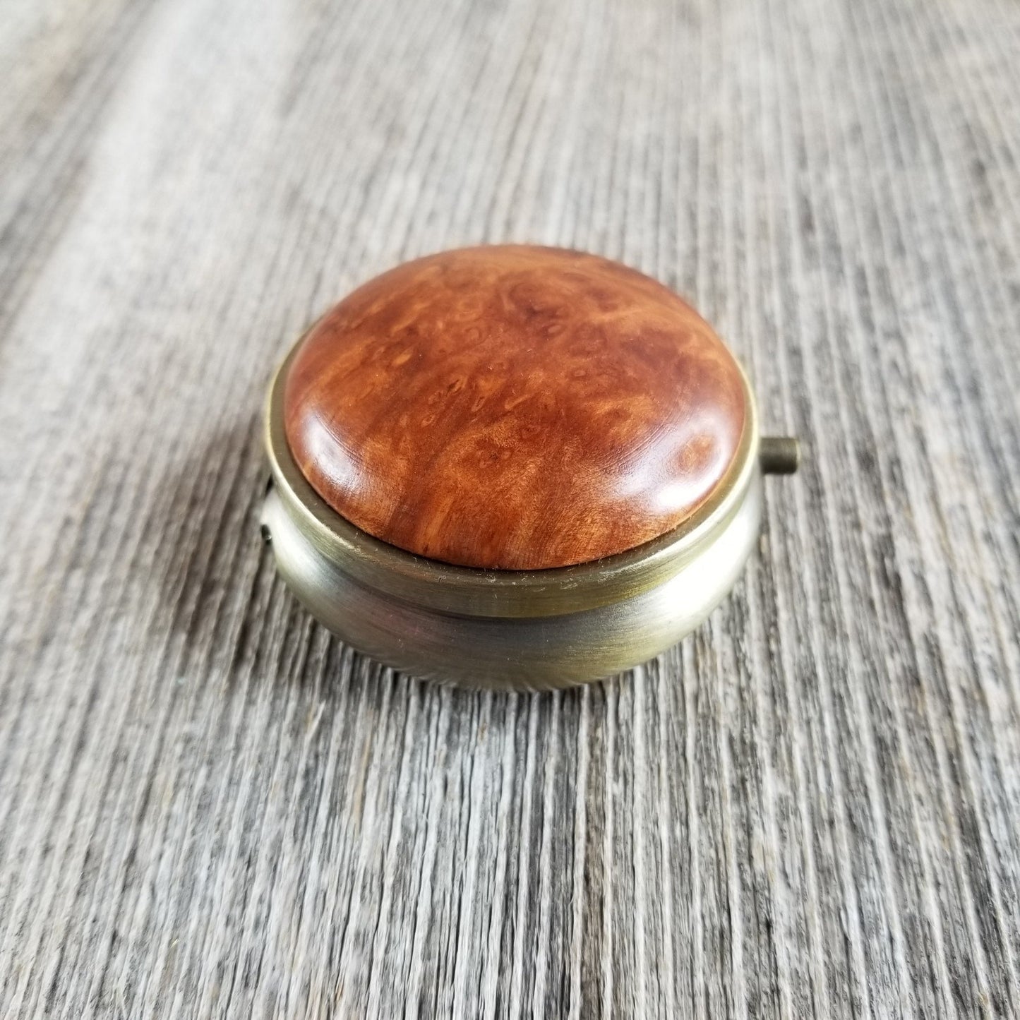 Wood Pill Box 3 Sections Handmade Top California Redwood Burl #288