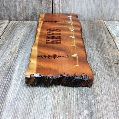 Wood Key Rack 7 Hooks Handmade California Redwood Engraved Rustic Edge Slab Curly#4 Housewarming Gift Gifts for Men Home Organization