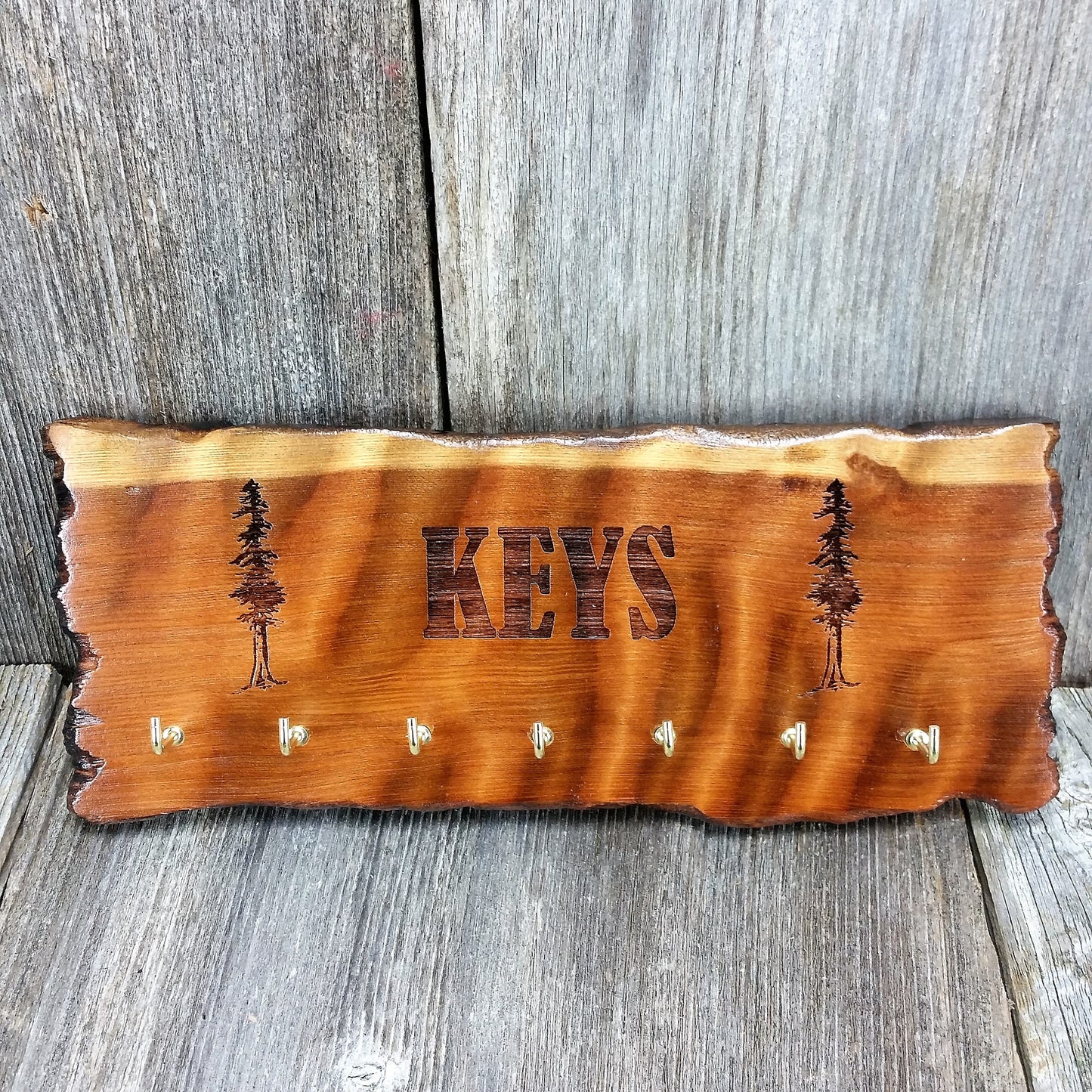 Wood Key Rack 7 Hooks Handmade California Redwood Engraved Rustic Edge Slab Curly#4 Housewarming Gift Gifts for Men Home Organization