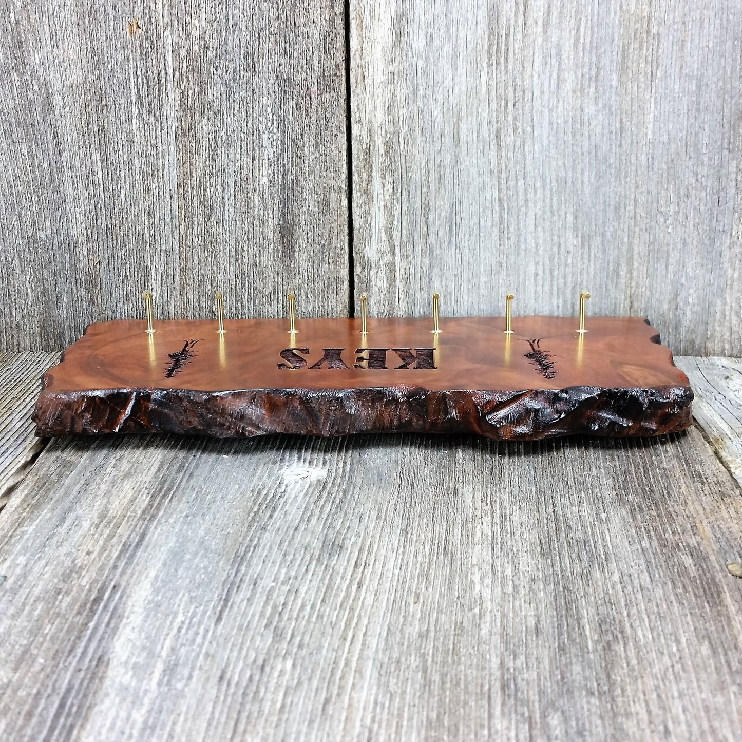 Redwood Key Rack Plaque 7 Hooks Handmade California Redwood Engraved Rustic Edge Slab #5