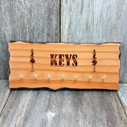 Wood Key Hooks 7 Hook Key Rack Handmade California Redwood Engraved Rustic Edge Slab Plaque #7