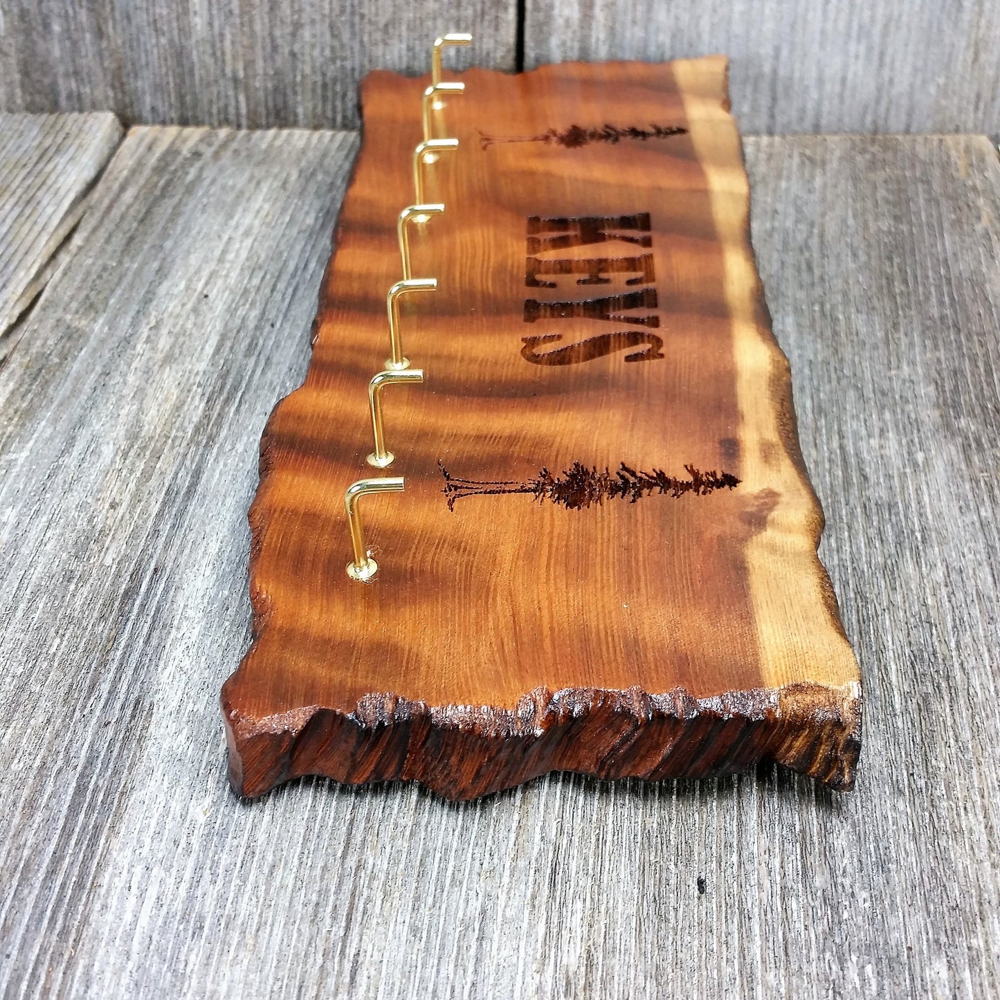 Wood Key Rack 7 Hooks Handmade California Redwood Engraved Rustic Edge Slab Curly#4 Housewarming Gift Gifts for Men Home Organization