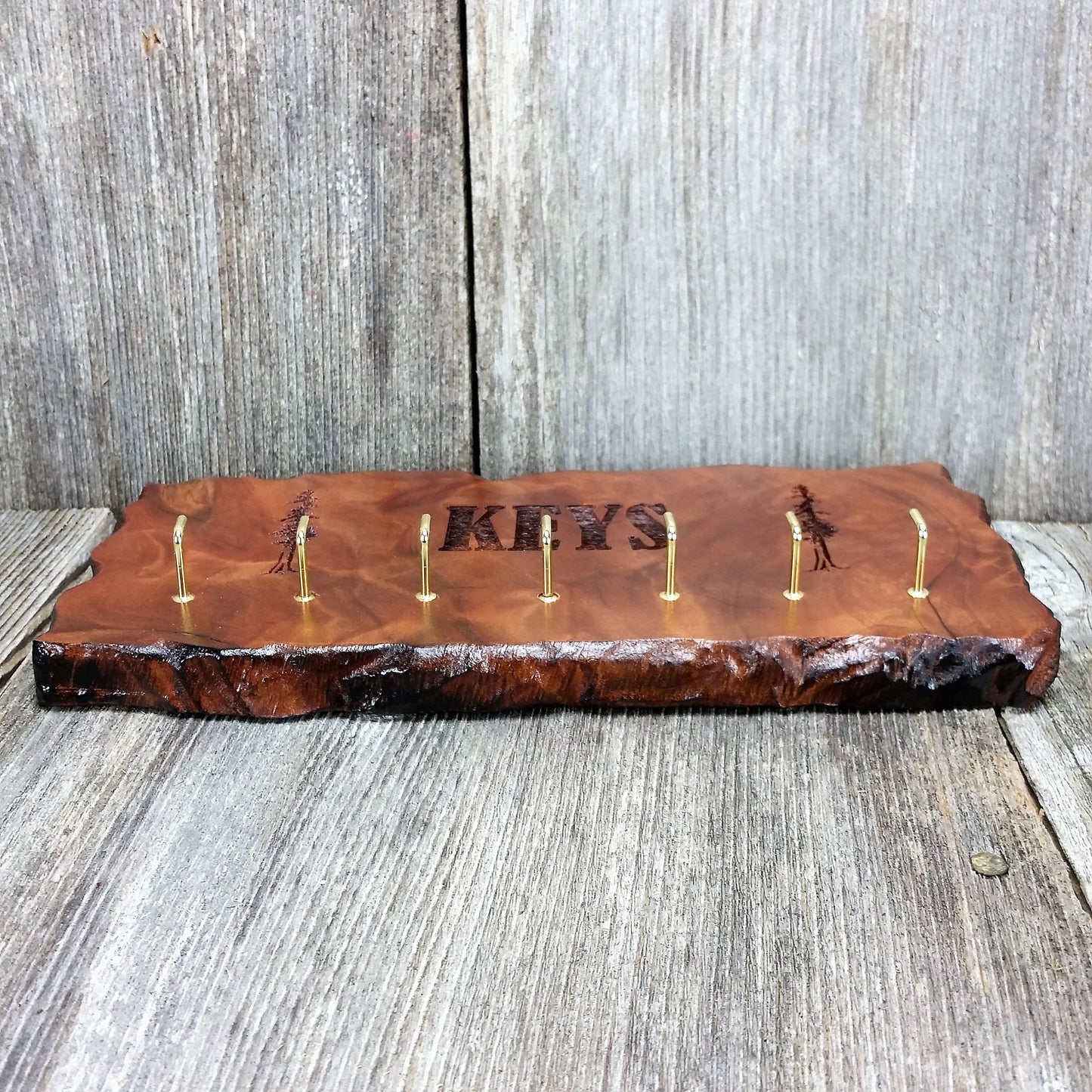 Redwood Key Rack Plaque 7 Hooks Handmade California Redwood Engraved Rustic Edge Slab #5