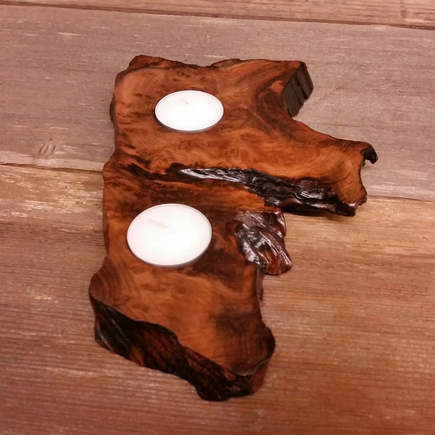 Wood Candle Holder 2 Tealight Redwood Rustic Home Decor #3