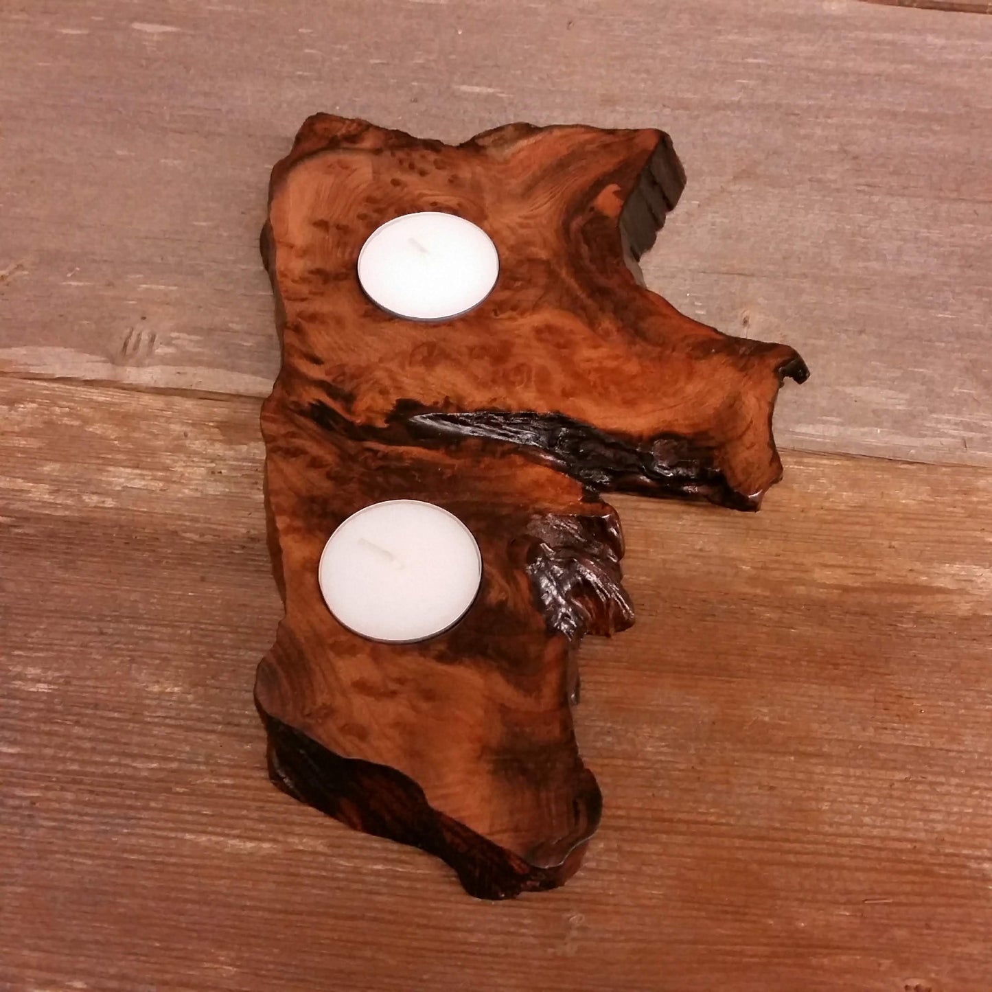 Wood Candle Holder 2 Tealight Redwood Rustic Home Decor #3