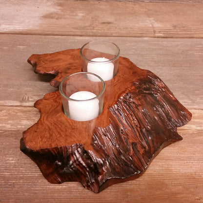 Wood Candle Holder Rustic Redwood 2 Votive Handmade 5th Anniversary #S