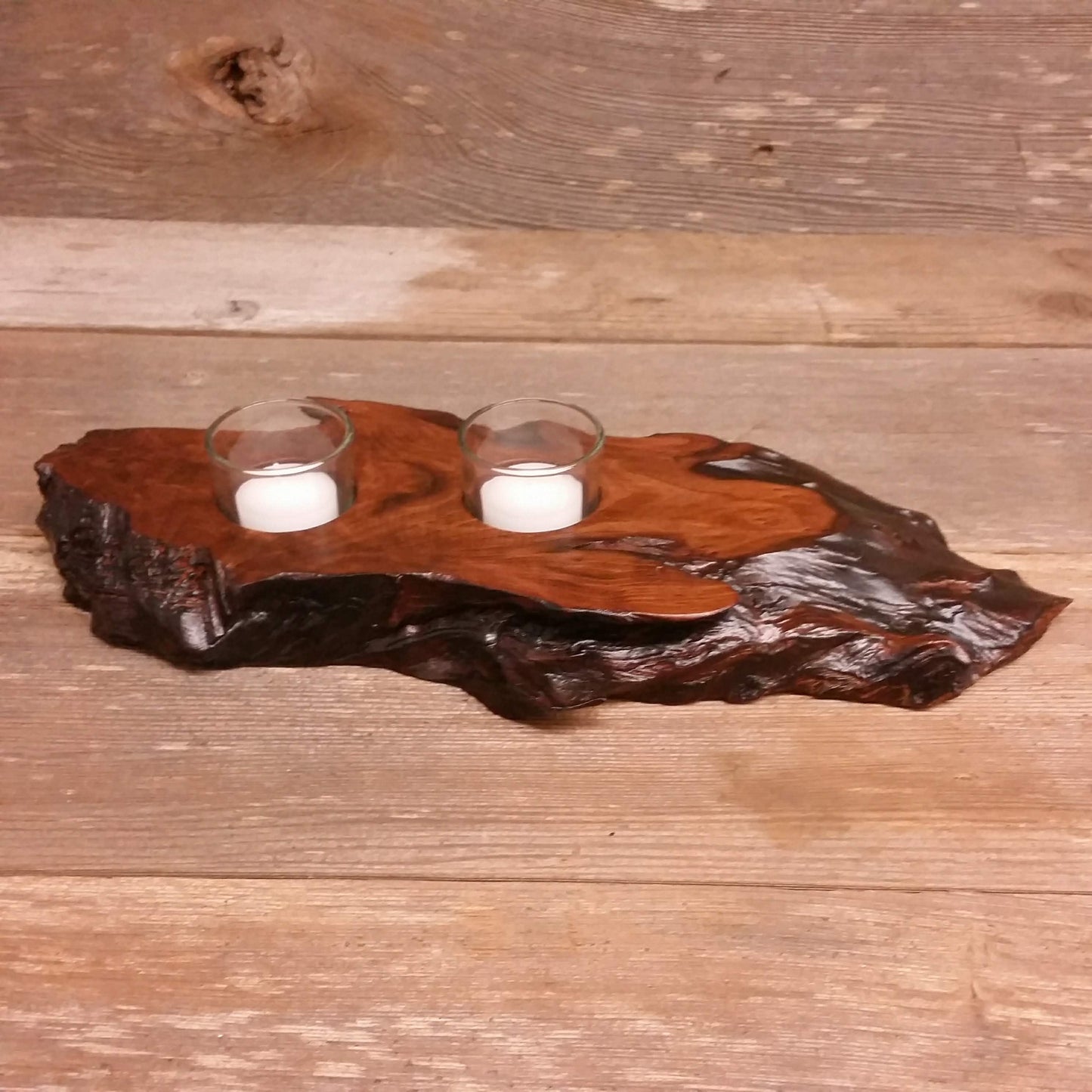 Redwood Candle Holder Rustic Glass 2 Votive Handmade Wood 5th Anniversary #U Housewarming Gift Wedding Gift