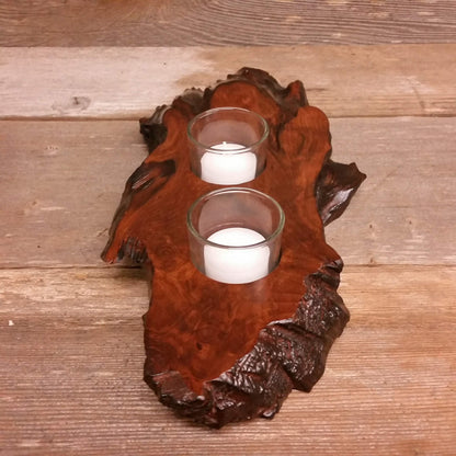 Redwood Candle Holder Rustic Glass 2 Votive Handmade Wood 5th Anniversary #U Housewarming Gift Wedding Gift